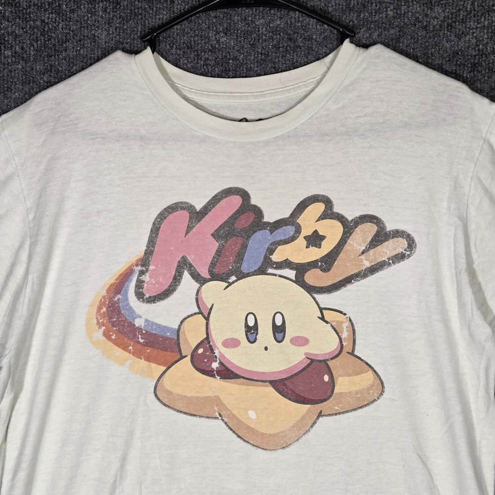 Nintendo Kirby Rainbow Star Graphic T-Shirt Mens Medium Cream Retro Anime Tee
